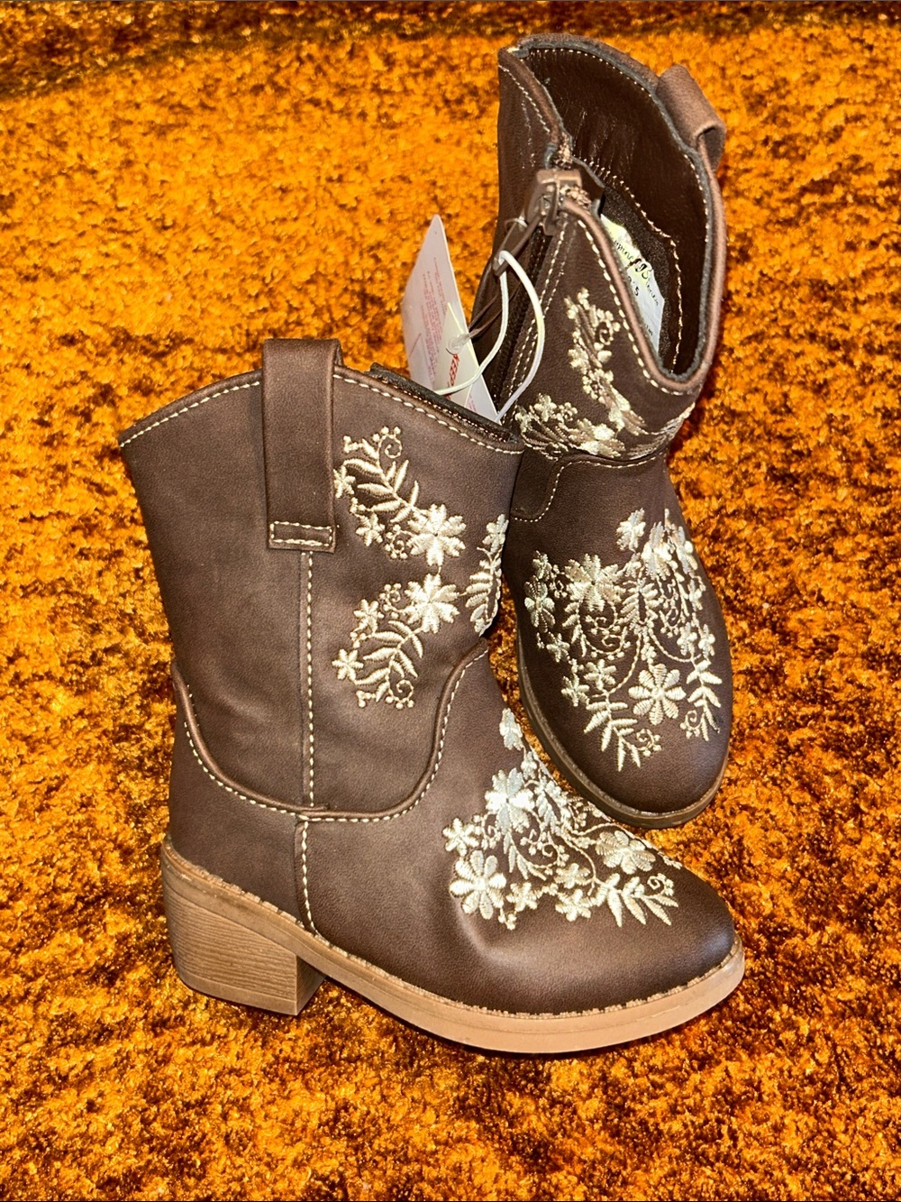 Embroidered Brown Girls Western Pull-On Boots